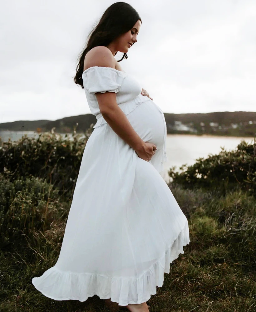

Boho White Maternity Photoshoot Dress Off Shoulder Ruffle Maxi Gown Sexy Pregnancy Outfit Baby Shower Photography Boutique