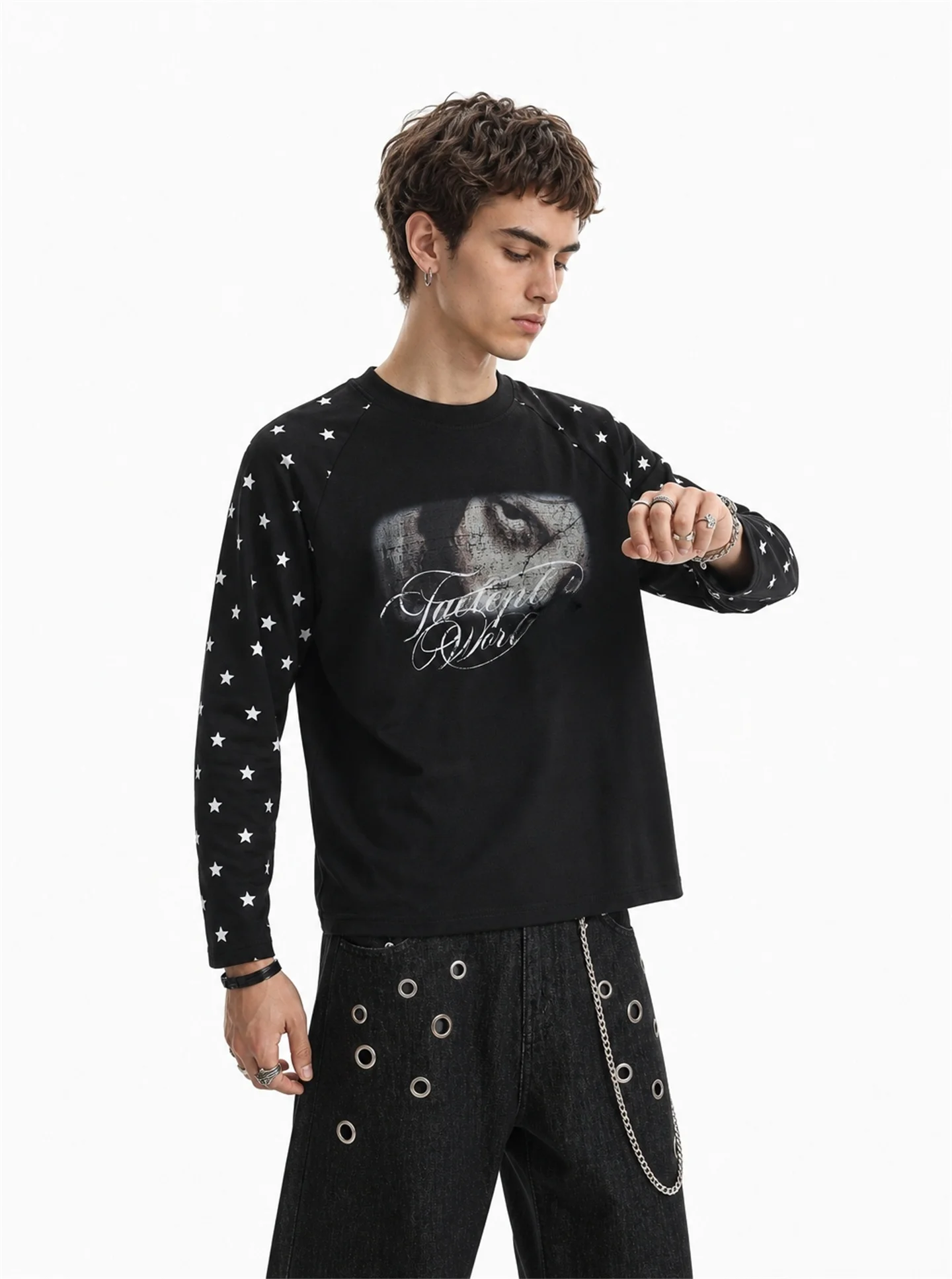 BETEBULE American High Street Long Sleeve T-Shirt Men's Fashion Print Design round Neck Star Patterned Top for Autumn