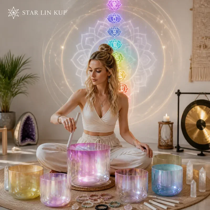 STAR LINKUP 7 Inch Pink Aura Cosmic Clear Quartz Crystal Singing Bowl for Sound Healing Meditation Yoga with Mallet Tibetan