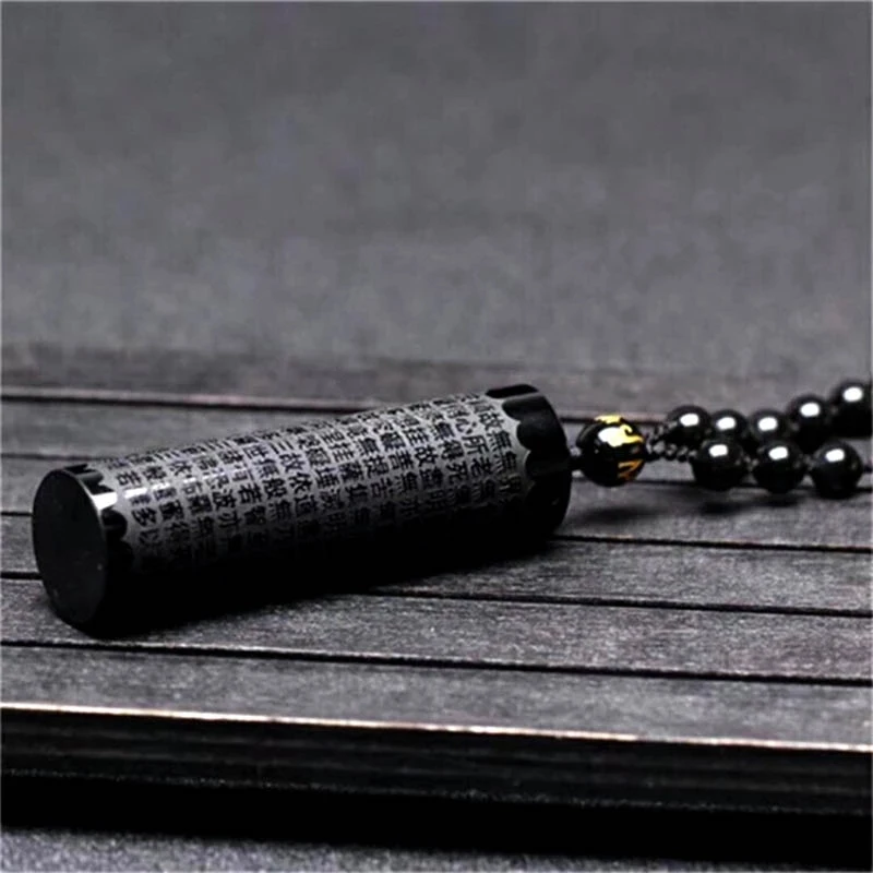 Natural Obsidian Prajna Paramita Sutra Buddha Necklace Pendant With Lucky Beads Chain Fashion Jewelry For Men Women