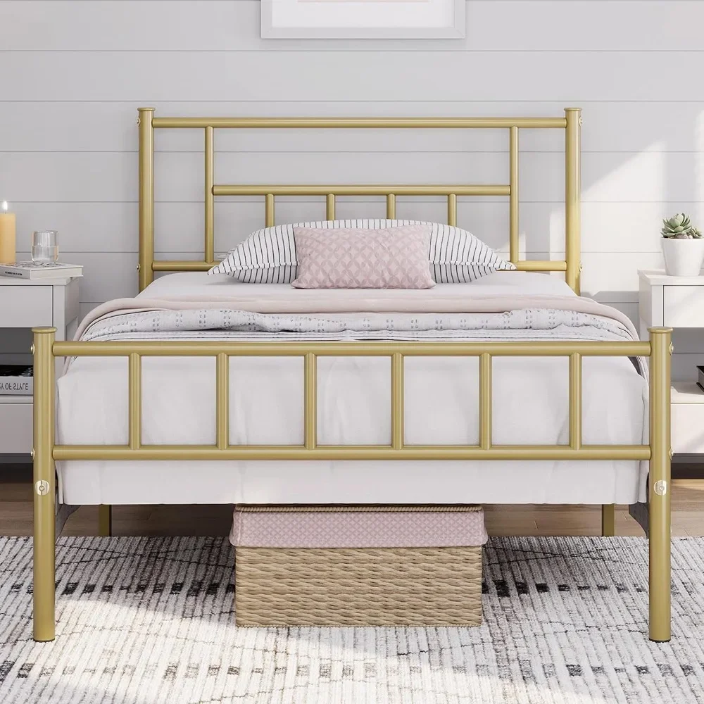 

13 inch Twin XL Size Metal Bed Frame with Headboard and Footboard Platform Bed Frame with Storage No Box Spring Gold