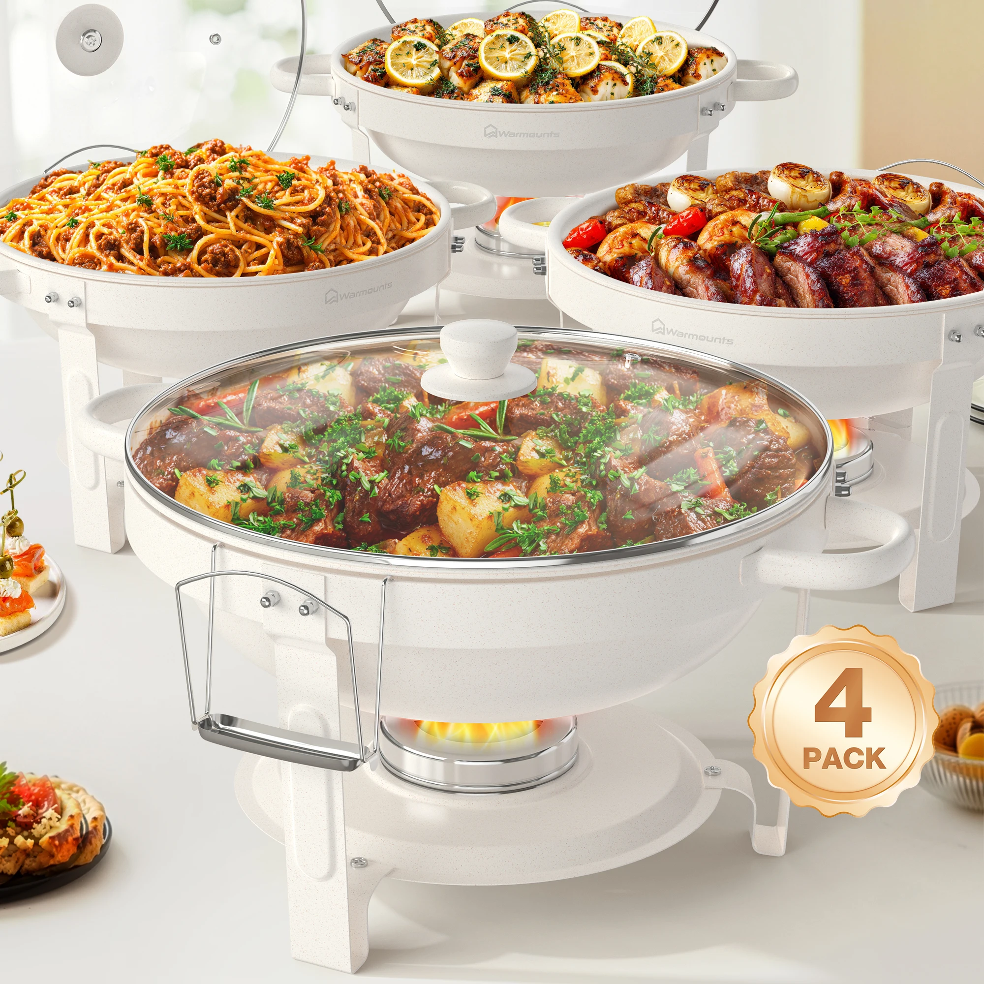 

2/4Pack 5QT Fully Coated Round Chafing Dishes Buffet Set with Glass Lid White Style Chafer Water Pan