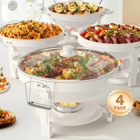 2/4Pack 5QT Fully Coated Round Chafing Dishes Buffet Set with Glass Lid White Style Chafer Water Pan