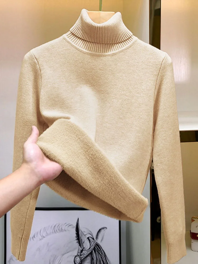 Turtleneck Winter Sweater Women Elegant Thicken Velvet Lined Warm Sueter Knitted Pullover Slim Tops Jersey Knitwear Jumper New