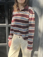 Summer Polo Shirts Woman Long Sleeve Crop Top Color Block Green Striped Print Polo Shirts Mujer Casual Tops Striped Brown Autumn - Image 5