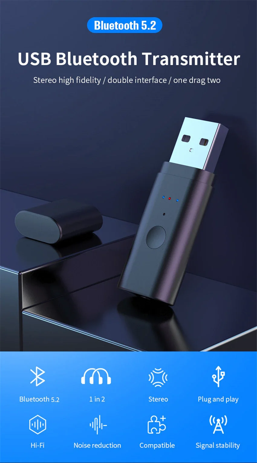 USB Bluetooth-совместимый 5,2 передатчик Transmiss Audio 1 на 2 ТВ-компьютера для PS4 PS5 Хост Bluetooth беспроводной адаптер сигнала