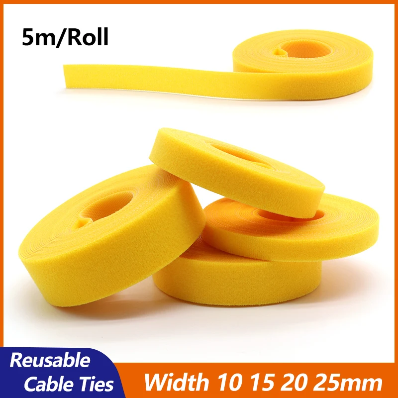 5m/roll Yellow Cable Ties Reusable Loop Bundle Self Adhesive Nylon Strap Organizer Clip Wire Holder Management Fastening Tape