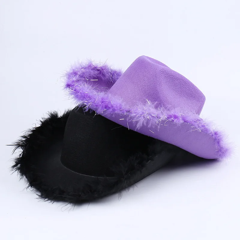 New Fashion Cowboy Hat for Women Girls Wide Brim Carnival Cosplay Cowgirl Hat Western Style Feather Caps for Home Party Costume