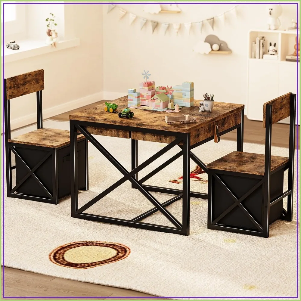 Kids Table and 2 Chairs Set, 4-in-1 Activity Table with Storage, Desk for Crafts Drawing Reading