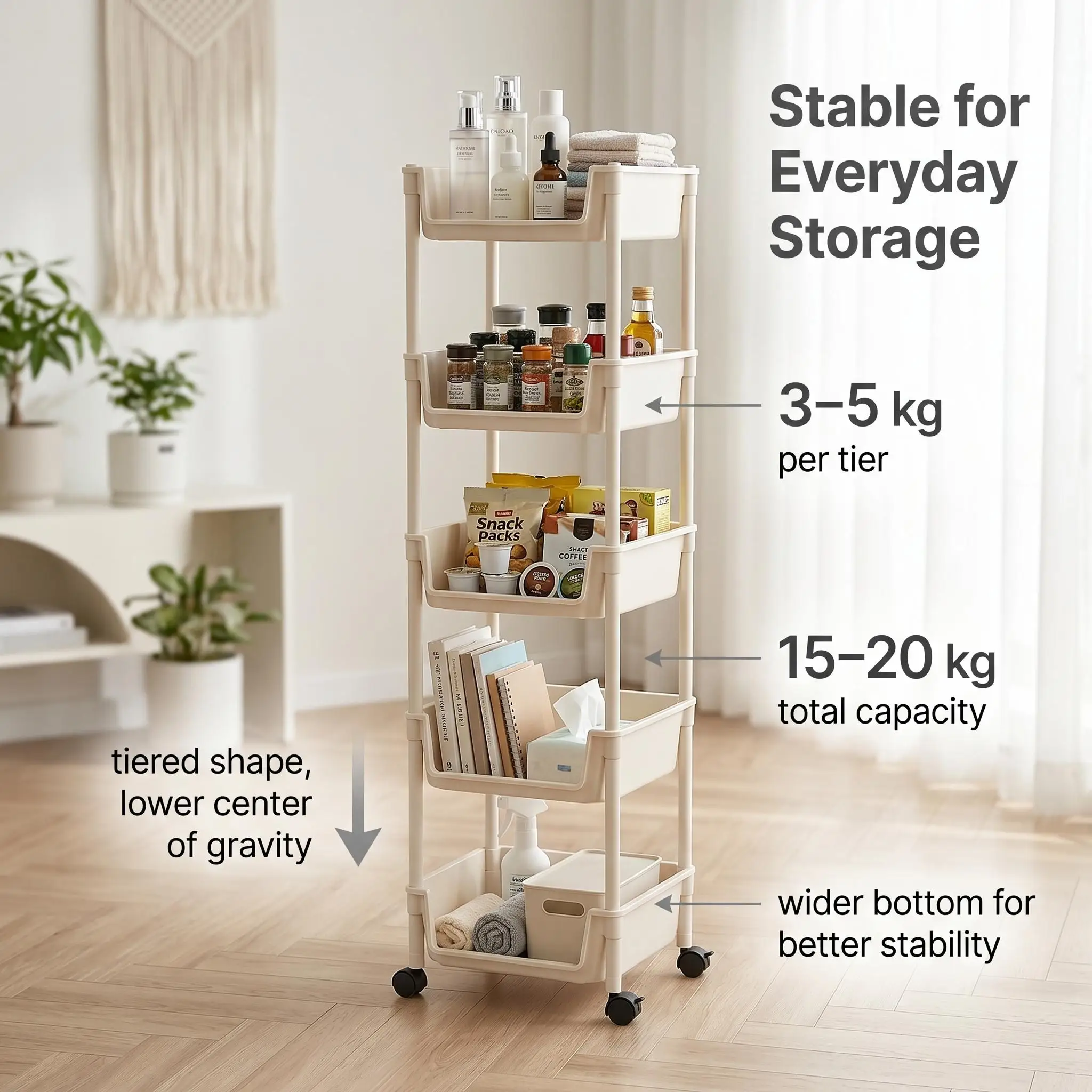 5 Tier Slim Rolling Storage Cart with Wheels Narrow Gap Organizer Rack Mobile Utility Trolley Space Saving Crevice Shelf Home Organization for Kitchen Bathroom Laundry Room Small Spaces view 3