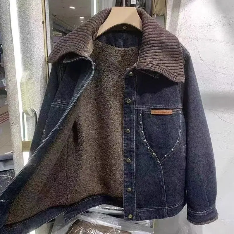 الأمريكية الرجعية الخريف الشتاء جديد صوف مبطن سميكة المرأة فضفاضة بسيطة عادية سميكة الأعلى العصرية #1