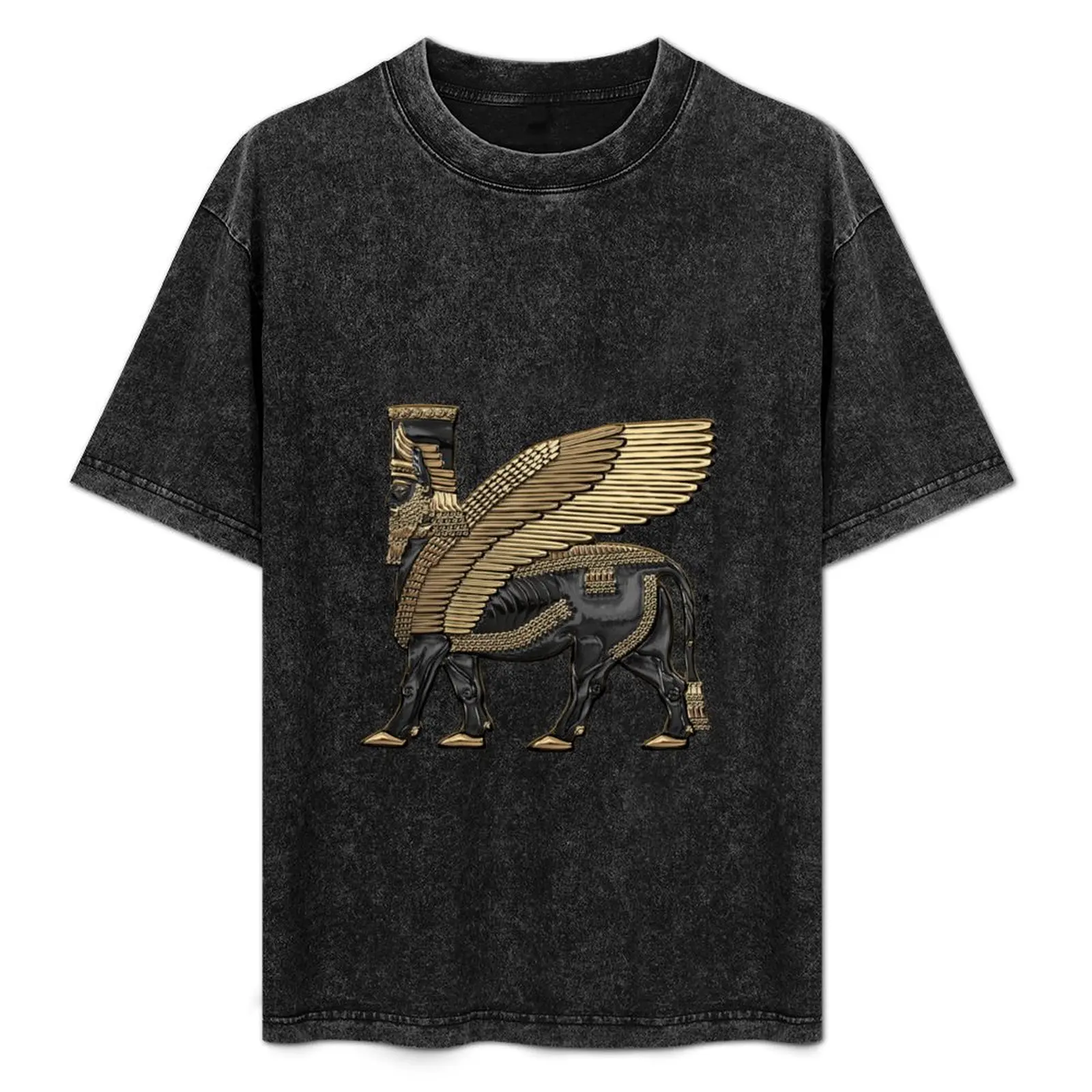 

Assyrian Winged Bull - Gold and Black Lamassu over White Leather T-Shirt sweat vintage men t shirts