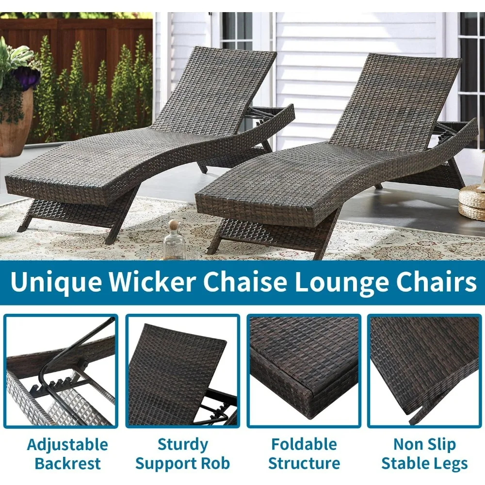 Long Reclining Chaise Lounge Set, Outdoor Wicker Reclining Chair, Patio Rattan, Double Chaise, Beach Pool Backrest Recliner