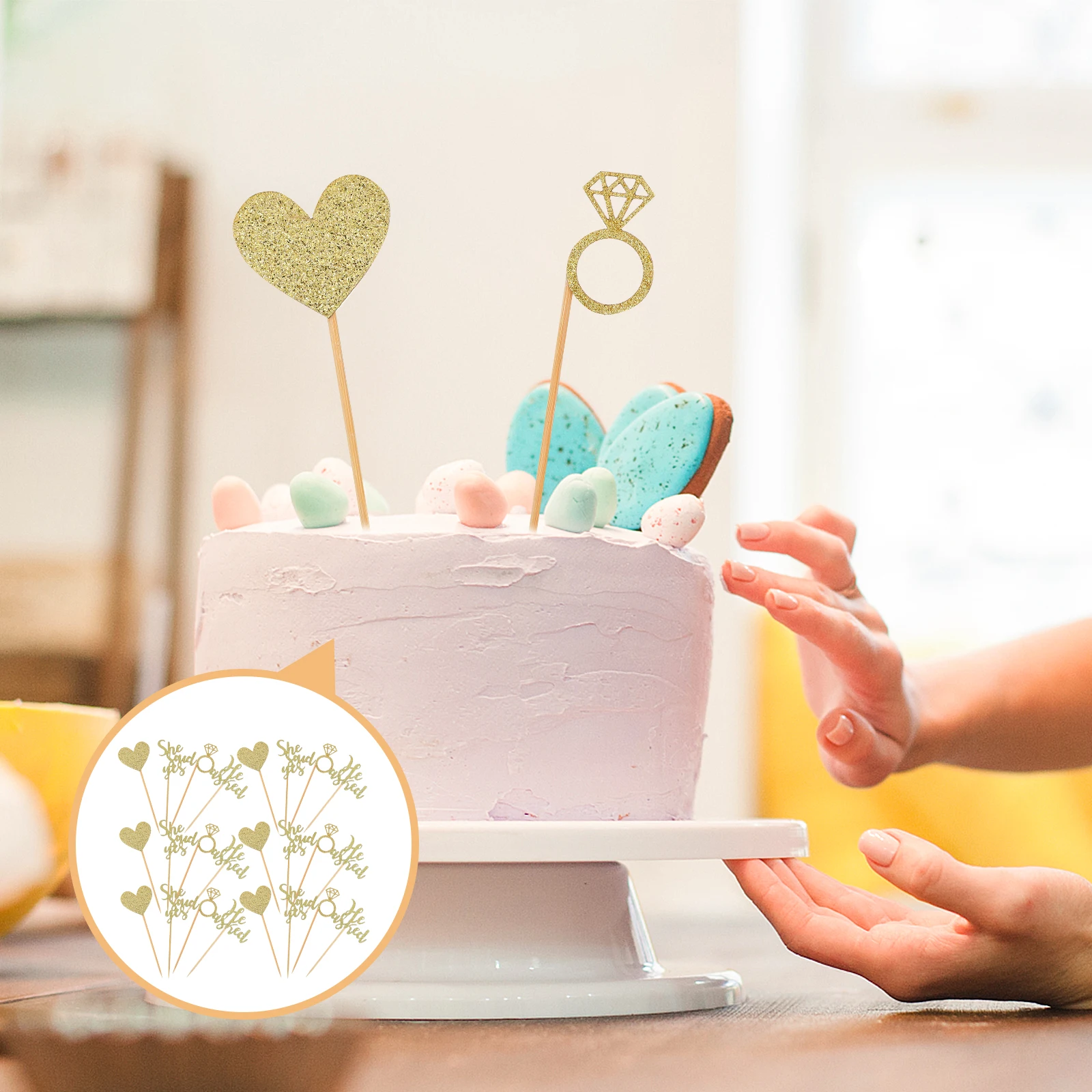 

24pcs Heart Shaped Cake Decor Wedding Party Props Cake Topper for Dessert Table Bride Proposal Golden Safe Food