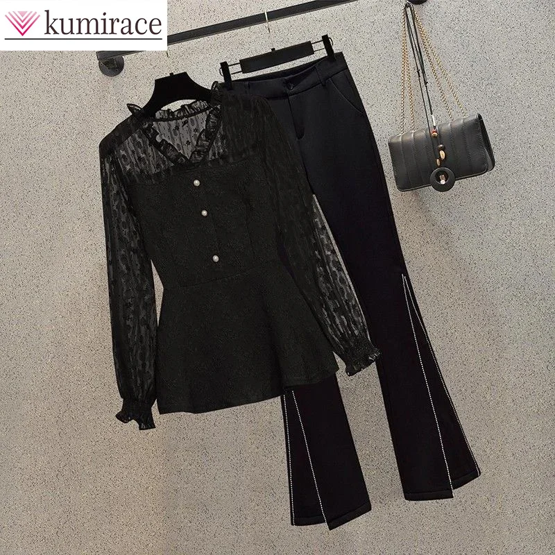 

Large Style Slim Spring and Autumn Wear New 2024 Large Fashion Lace Splice Shirt Micro Flared Pants Two Piece Set for Woman