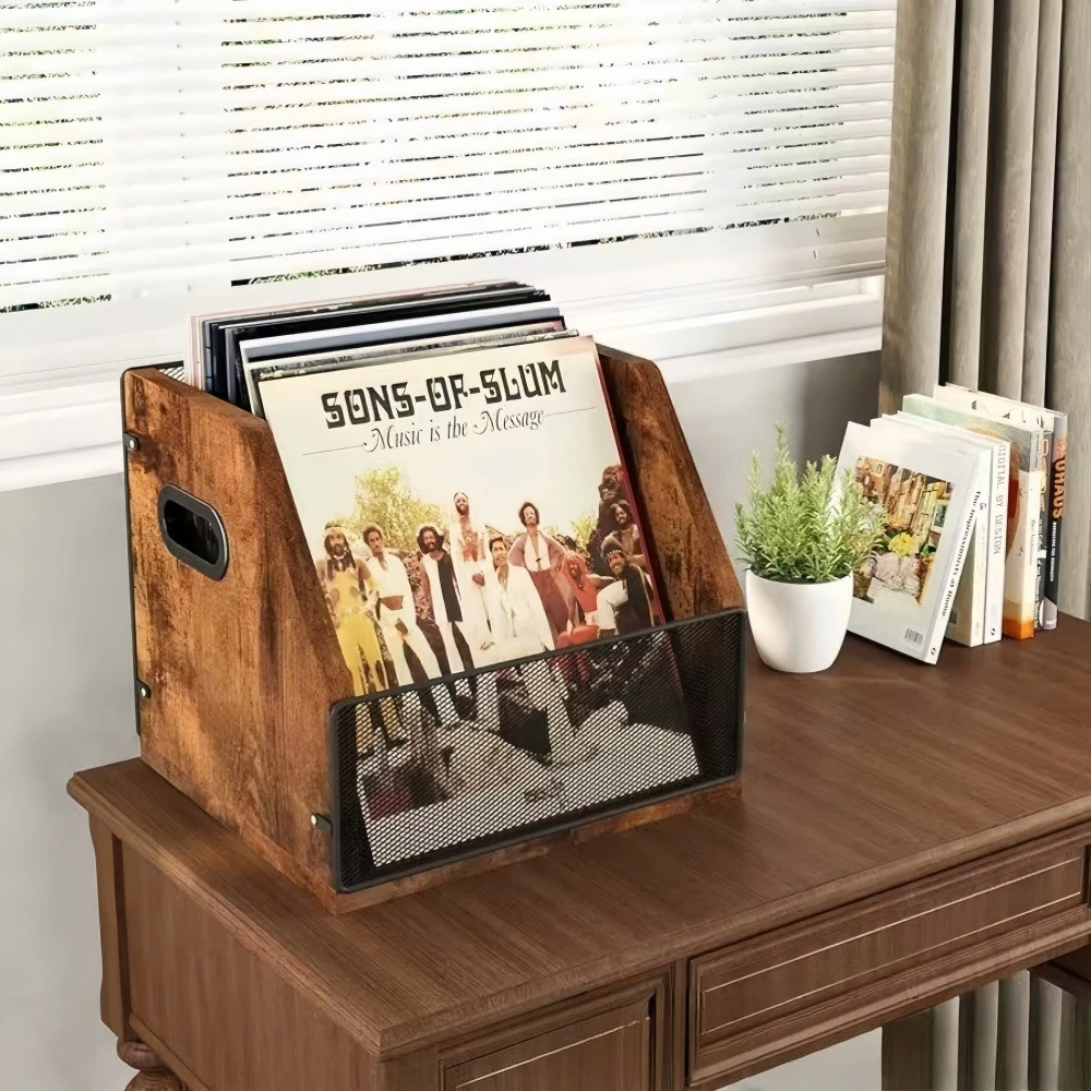 Wood & Mesh Slanted Magazine File Holder Desktop Document Storage Bin Office Desk Organizer with Handles