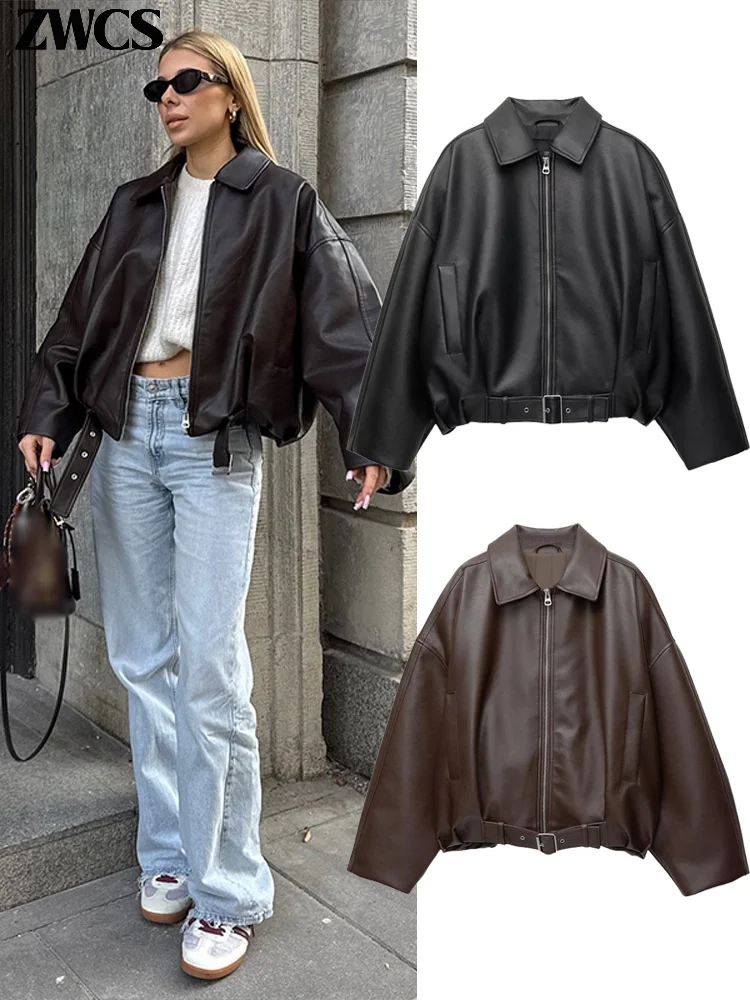 Chaquetas Bomber de cuero PU Vintage para mujer, abrigo de bolsillo de manga larga con solapa y cremallera, ropa informal suelta con cinturón, otoño 2025