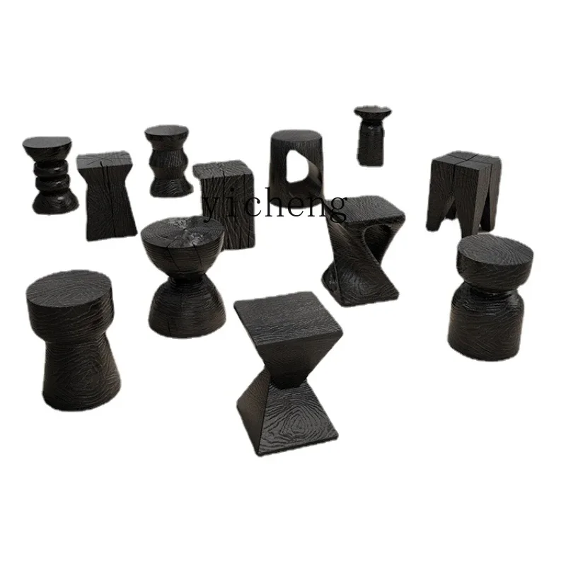 XL Black Solid Wood Carbonized Wooden Pier Leisure Silent Wind a Block of Wood Or Stone Tea Table Decoration