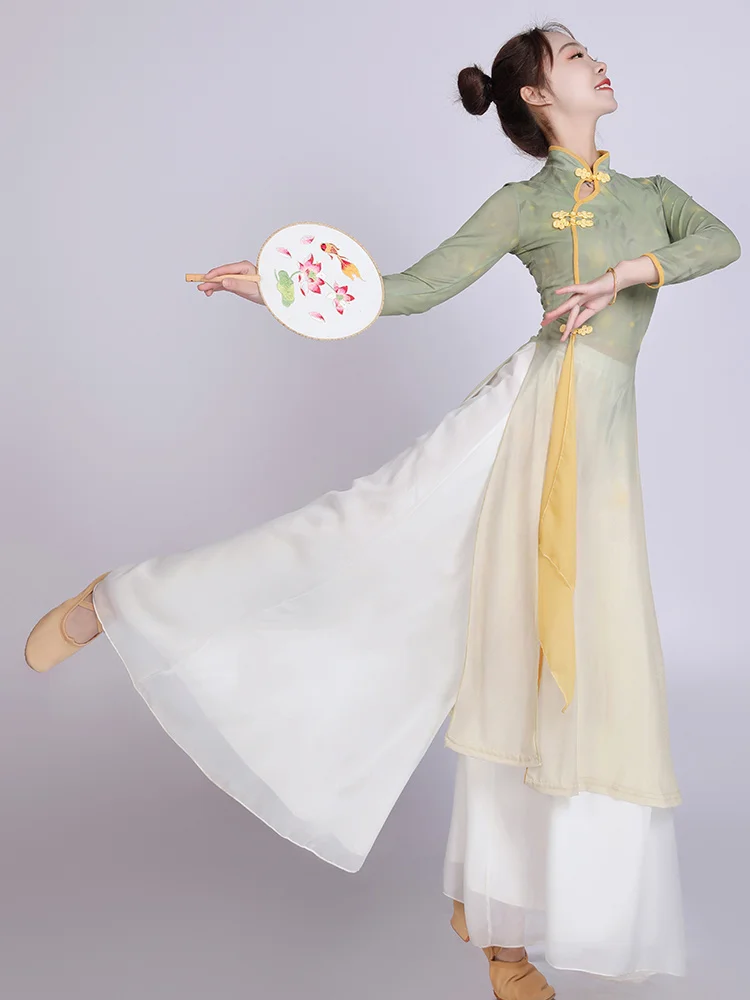 Klassisches Tanz kleid, Performance-Anzug, atmungsaktives Gaze-Cheong sam im Chinoiserie-Stil für Damen, Hose mit weitem Bein, Performance-Kleid