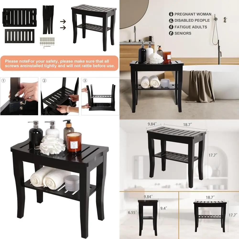 

19 Bamboo 2-Tier Shower Bench with Storage and Non-Slip Feet - Wooden Spa Seat for Adults & Elderly (Black)