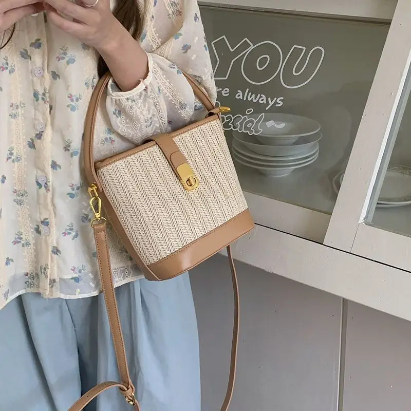 Trsyphxm 2024 novo coreano casual tecido grama saco para as mulheres 2024 novo estilo de férias moda bolsa crossbody saco balde