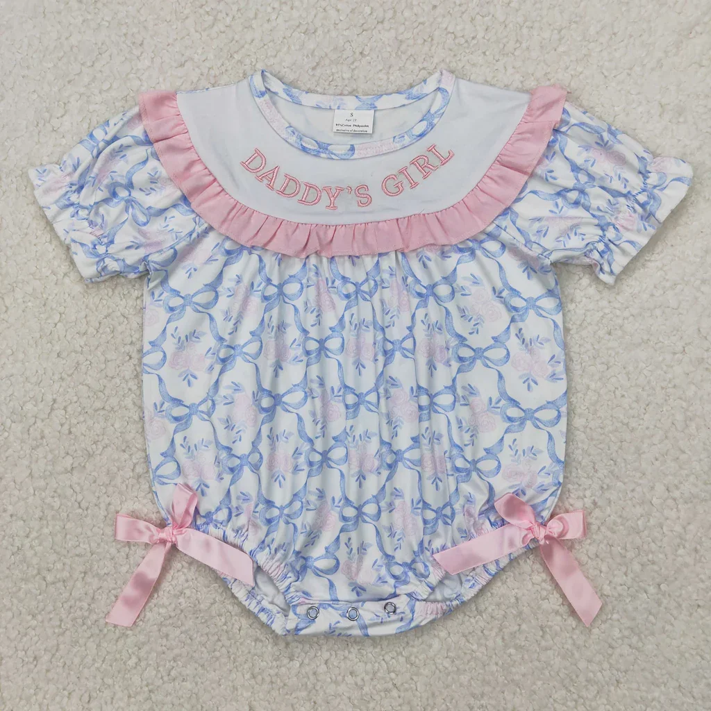 

SR2944 Embroidery Daddy's Girl Flower Bows Blue Baby Girls Romper Coquette Bows Baby Romper