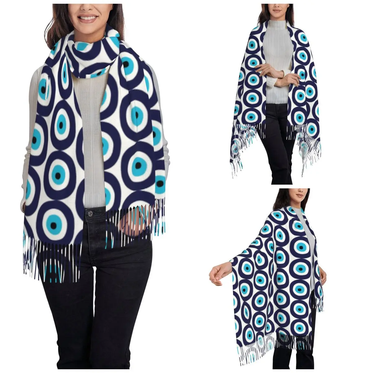 Evil Eye Symbol Shawl Wrap for Women Winter Large Long Scarf Evil Eye Blue Nazar Amulet Pattern Boho Pashminas Tassel Scarves