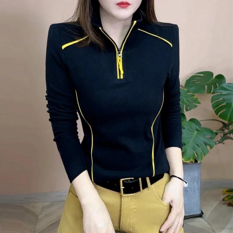 

Осень-зима, новый стиль, контрастный цвет, с половиной молнии, с длинными рукавами, облегающий топ с воротником-стойкой