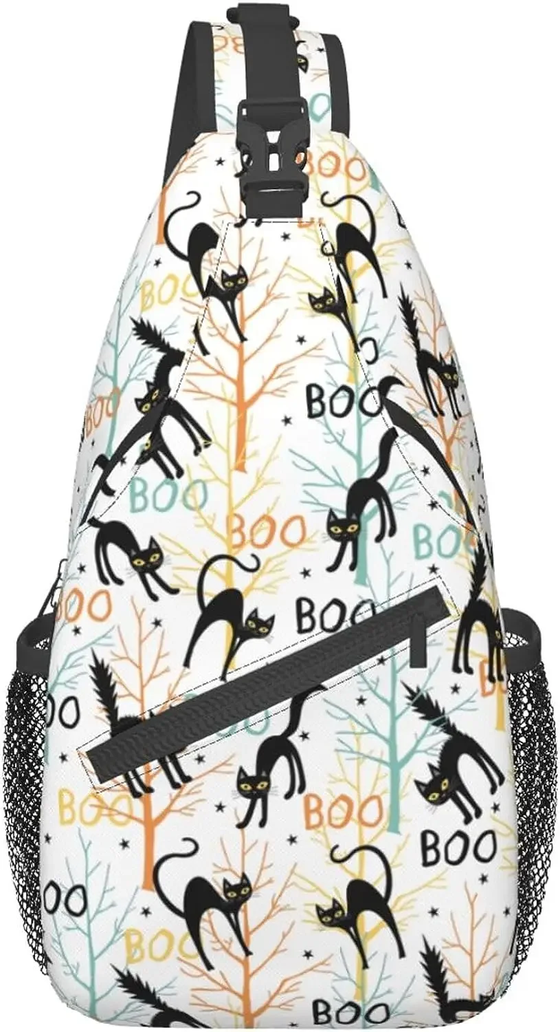 

Boo Black Cats Halloween Sling Bag Halloween Candy Corn Crossbody Shoulder Bags Backpack Trendy Daypacks Chest Bag