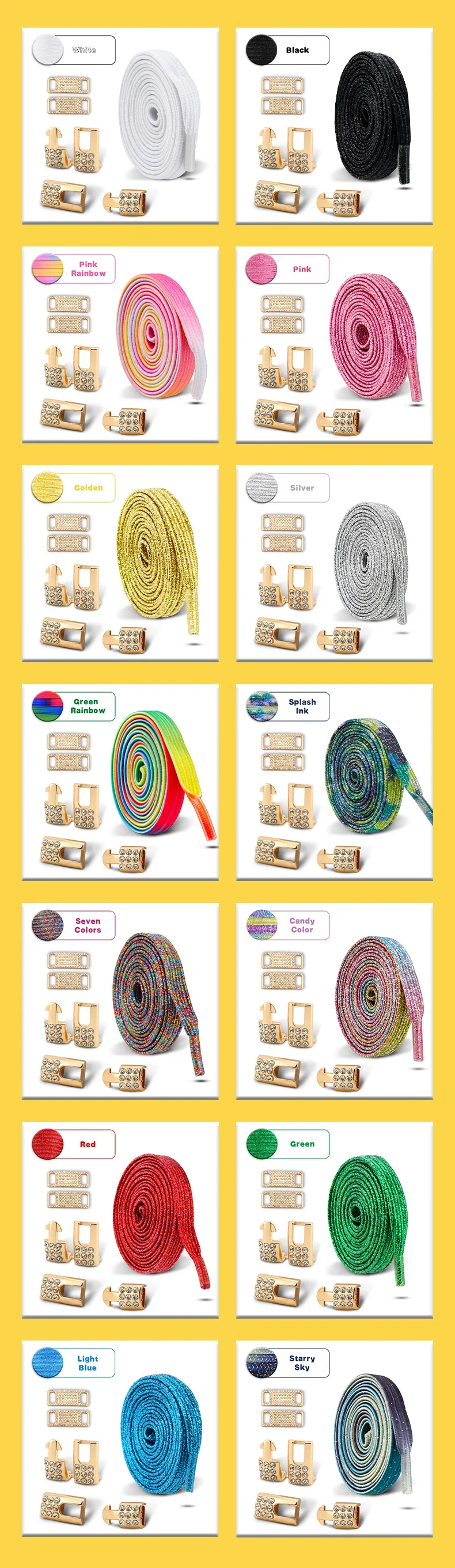 1 Set Neue elastische Schnürsenkel ohne Binden, glitzernde Diamant-Kreuzverschlüsse, Schnürsenkel-Charms, Sneaker, luxuriöse, intelligente Schnalle für Metallschnürsenkel – Detail 8