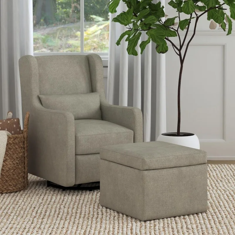 Adrian Swivel Glider with Storage Ottoman Performance Grey Linen, Water Repellent and Stain Resistant Fabric, Greenguard