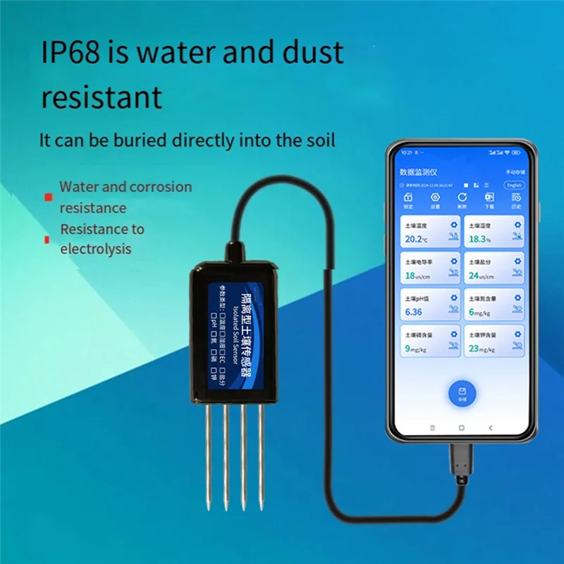 

A25F-8-In-1 Isolated Soil Sensor Temperature Humidity Nitrogen Phosphorus Potassium PH Value Salt RS485 Detector