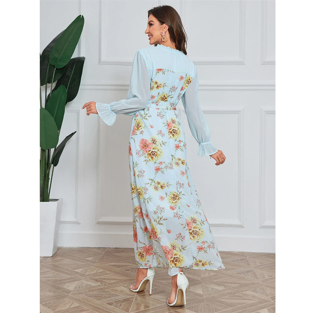 Mulheres floral impressão manga longa maxi vestido 2024 outono elegante senhoras muçulmano kaftan abaya dubai turquia robe vestidos islâmicos vestido