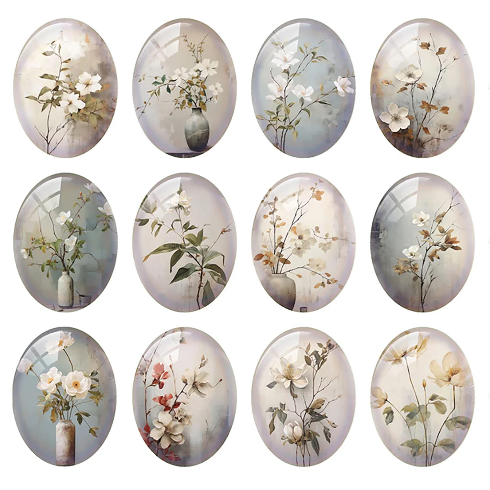 Random Mixed Round/Oval/Square White Flower Plants Branch Photo Glass Cabochon Flatback Demo Cameo For Diy Jewelry Making