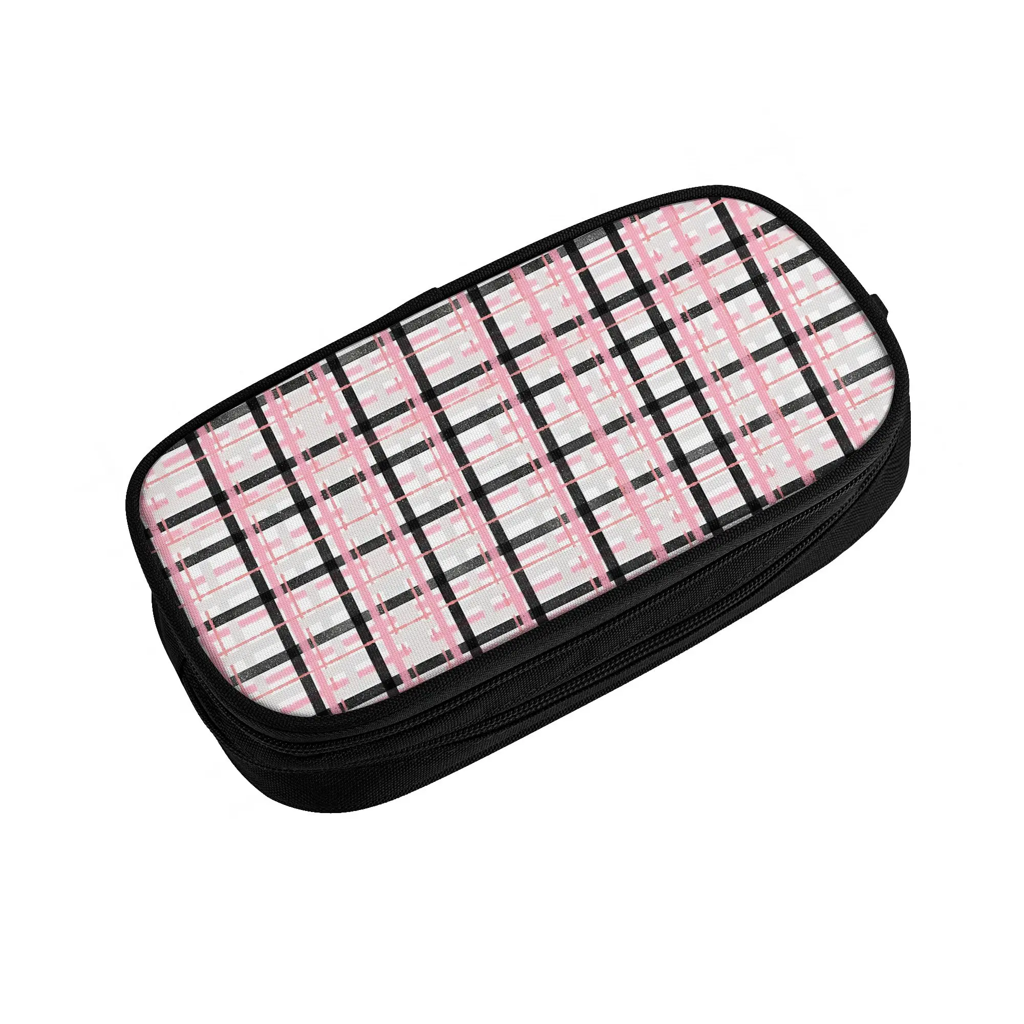 1 piece Stylish Textured Pink Black And Gray Plaid Pencil Case Teen Pen Bag Back To School School Stationery Bag