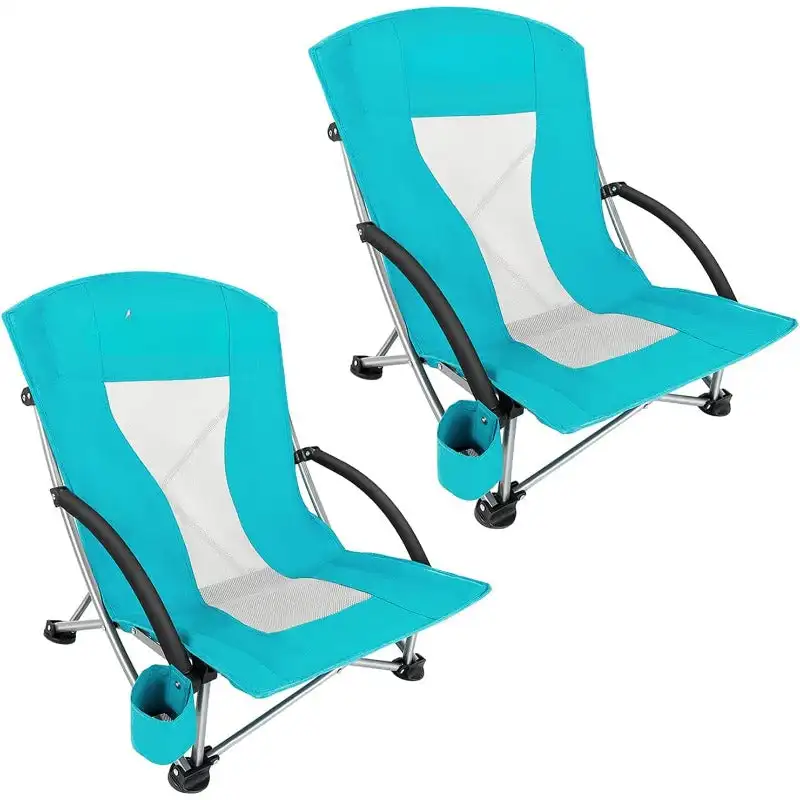 Low Folding Beach Chairs for Adults,Portable Lightweight Lowback Sling Chair with Headrest,Cup Holder,Carry Bag Armres