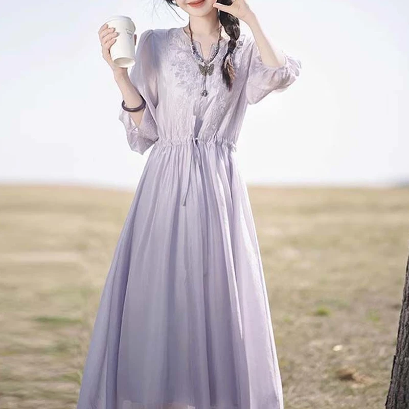 Summer New Solid Color Maxi Dress Women V-neck Three Quarter Fashion Dresses Elegant Embroidered Patchwork Lacing Chic Vestidos