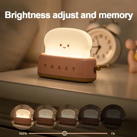 Adorable USB Rechargeable Timer LED Night Lamp Cute Toaster Night Light Adjustable Brightness Bedroom Bedside Sleep Lamp Birthd