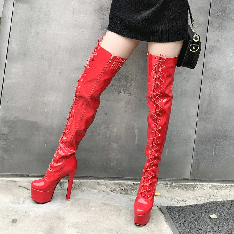 Sexy Over the Knee Boots Women Platform Lace-up Fetish Dance Nightclub Long Shoe Female Heel Thigh High Boot Red White Plus Size view 4
