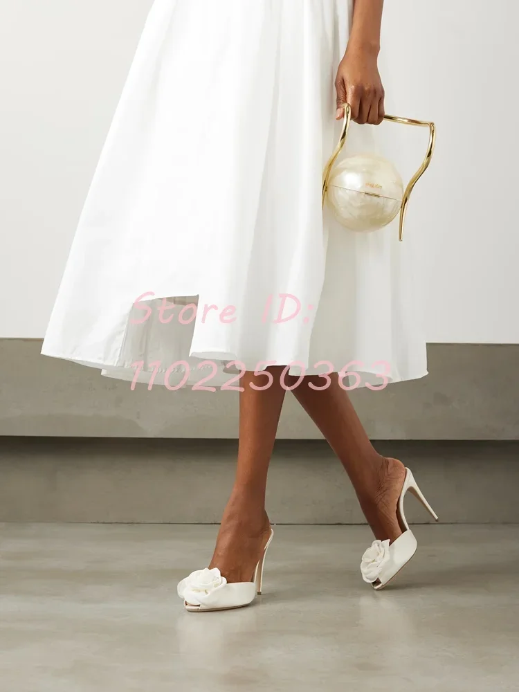 

Satin Classic White Floral Stilettos Slippers Shallow Solid Peep Toe Thin High Heels Slippers 2024 Women Elegant Mules Shoes