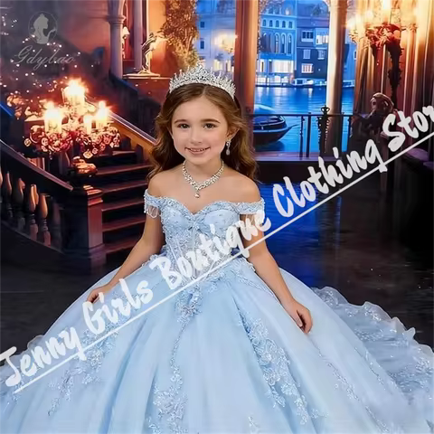 Light Blue Elegant Flower Girl Dress with Fluffy Tulle Lace Appliqu&eacute; Princess Birthday Party Banquet Evening Dress Customizable
