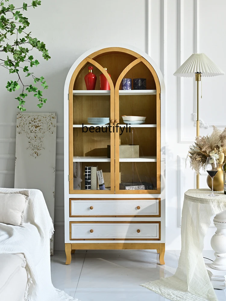 

Solid wood retro two-door wine cabinet living room arched with glass display cabinet floor-to-ceiling multi-layer bookcase