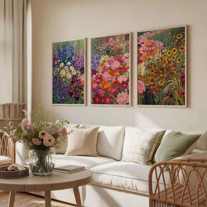 3pcs frameless Canvas Painting Set of 3 Botanical Flower Landscape Wall Art, Colorful Wildflower Field Prints, Floral Living Roo