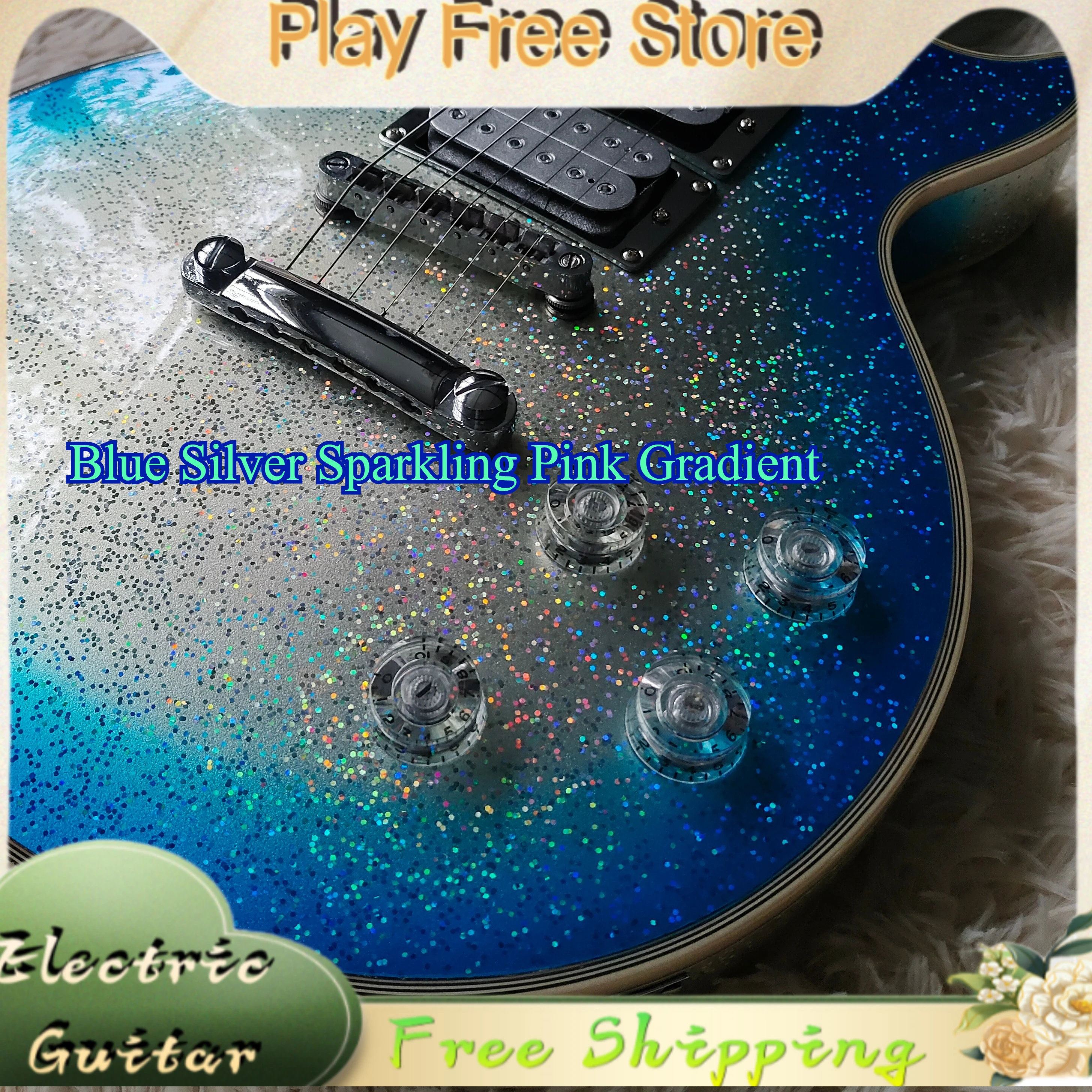 LPO Fixed Bridge Electric Guitar Blue Silver Sparkle Pink Gradient HHH Pickup Hard Rock Stage Basswood Body Best Sellers