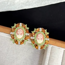 Vintage Colored Zircon Rhinestone Inlaid Head Portrait Earrings for Women Medieval Court Style Luxury Stud Earring Jewelry New