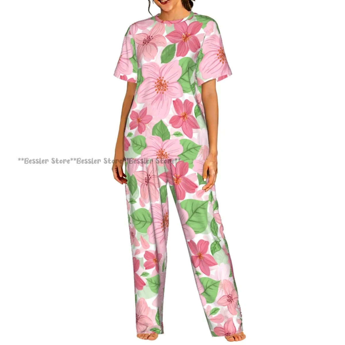 

Women's Pajamas Set Cute Floral Pink Color Short Sleeve Sleepwear 2 Piece Homewear Loungewear