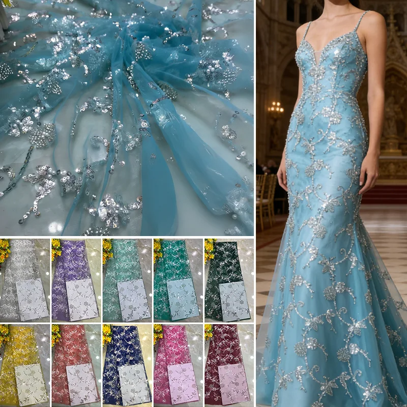 

1/3/5Yard French Style Sequin Mesh Lace Fabric Pearl Bead Heavy Craft Tulle Soft Net for Sewing Women Luxury Dress Width 125cm
