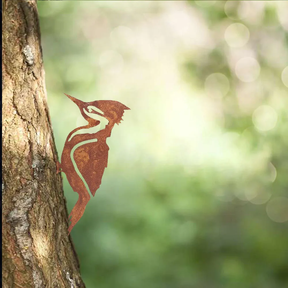 Rusty Metal Bird Decor - Adorably Cute for Garden Fence Adornment. Showcasing Lovely Woodpecker and Robin. Yard Art.