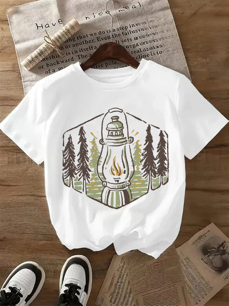 

Футболка с рисунком лесного кемпинга, топ с принтом в стиле ретро, повседневная женская модная белая футболка с круглым вырезом и короткими рукавами, летняя футболка с принтом