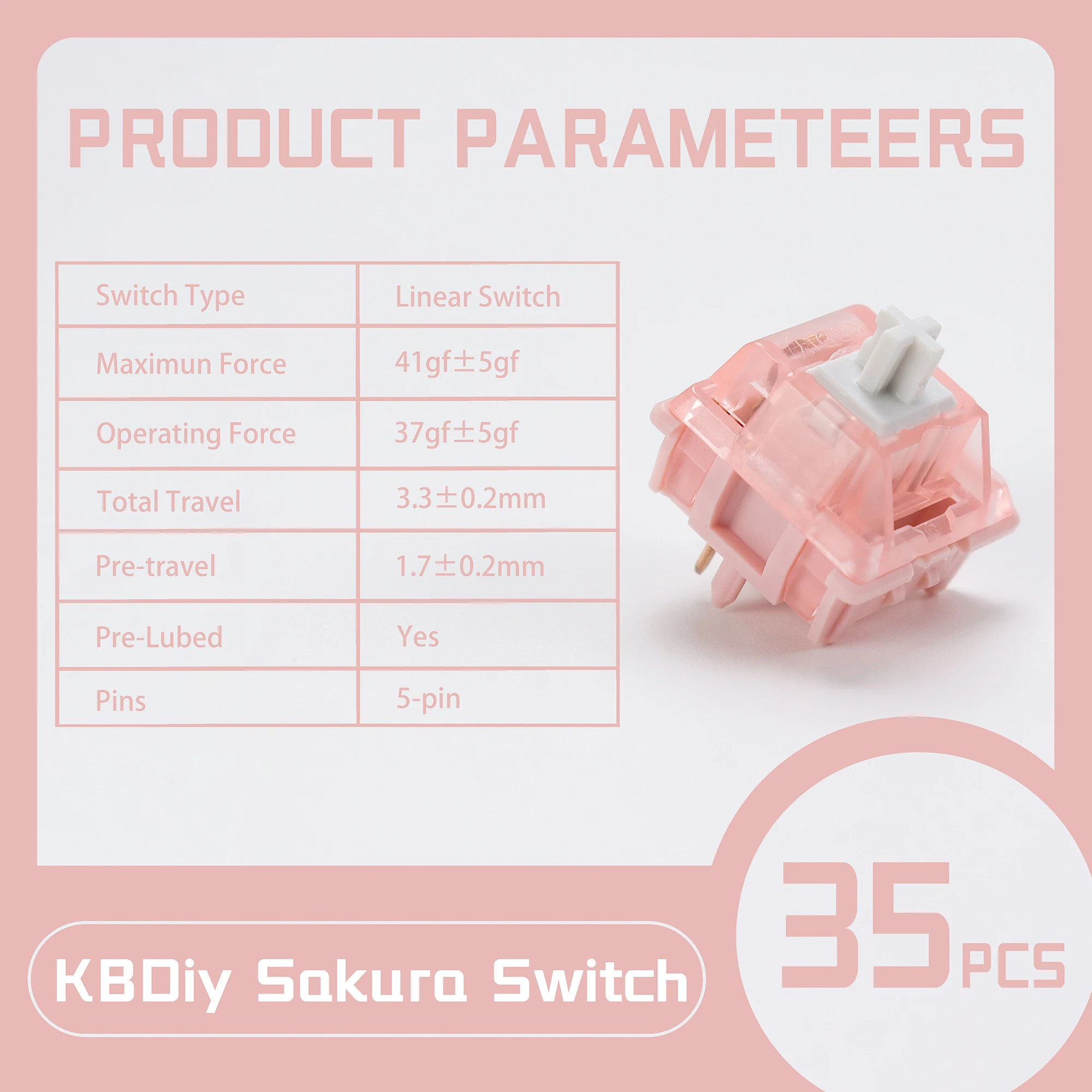 KBDiy Linear Switches Custom 37gf Sakura Switch for Mechanical Keyboard Gaming 5-Pins MX Hot-Swap Factory Lubed DIY Pink
